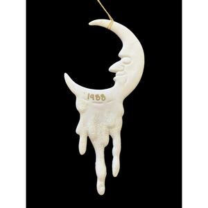 Crescent Man in the Moon Celestial Bisque Ceramic Hanging Ornament Vintage